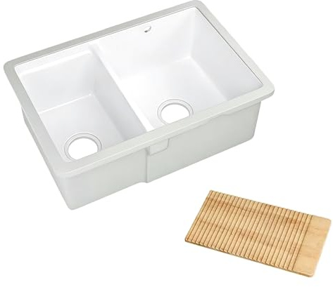 Lavabo Lavanderia con Piano di Lavaggio in Legno Rimovibile, Lavabo Bagno in Ceramica, a Doppia Vasca, da Incasso, per Balcone e Cucina