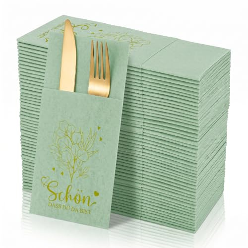 50 Stück Besteckservietten Salbeigrün Schön Dass Du Da Bist 40.6x40.6cm