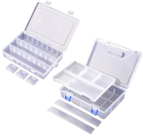boxoon 2 st förvaringsboxuppsättning, klar plast med justerbara avdelare, 19,6–23 cm längd, dubbel och enkelt lager, för konsttillbehör och pennor