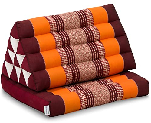 livasia Thai cushion with 1 seat rest - 30x20x3.1″ - Triangle cushion with seat cushion, Wedge cushion, kapok, Back support cushion, folding, Thai mat, folding, Hand made (Orange)