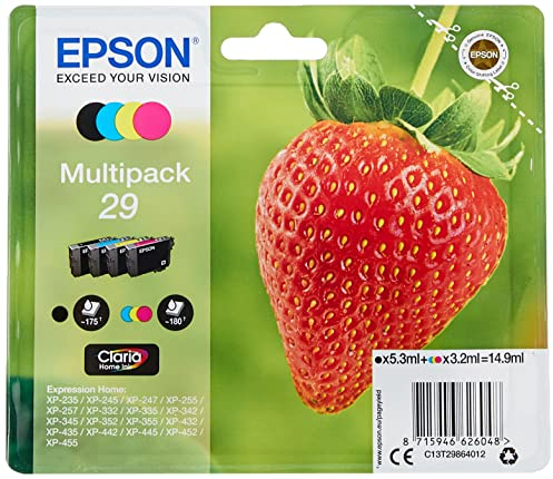 Epson Multipack 29 Fraise, Cartouches d'encre d'origine, 4 couleurs: Noir, Cyan, Magenta, Jaune, XP-235 XP-243 XP-245 XP-247 XP-255 XP-257 XP-332 XP-335 XP-342 XP-345 XP-352 XP-355 XP-432 XP-435