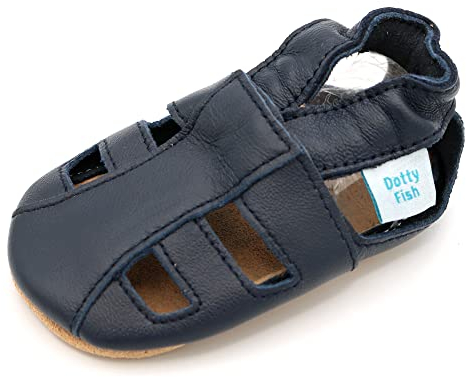 Dotty Fish Sommersandalen für Babys und Kleinkinder aus weichem, marineblauem Leder. Jungen und Mädchen – rutschfest, barfuß, von Podologen empfohlen, elastischer Knöchelbund – 12-18 Monate (21 EU)