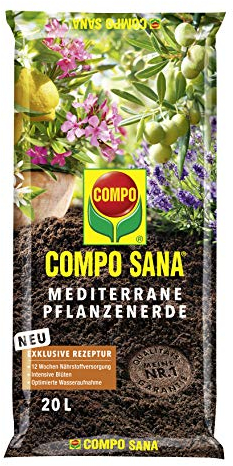 COMPO SANA Mediterrane Kübelpflanzenerde mit 12 Wochen Dünger für alle mediterranen Pflanzen, Kultursubstrat, 20 Liter, braun