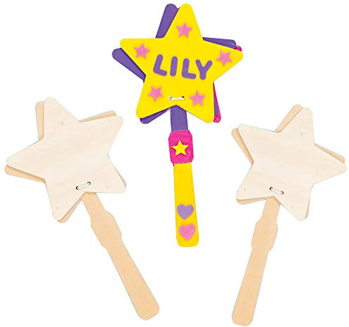 Baker Ross Carracas de madera en forma de estrella de 19 cm que los niños pueden pintar, decorar y jugar con ellas, pack de 4