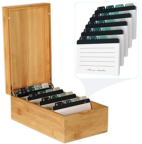 MaxGear Index Card Holder, 3 x 5 Inch Business Card Organizer for Desk with 3 Dividers, Bamboo Index Cards Box with A-Z Tabs Holds 600 Cards for Recipe Flash Storage
