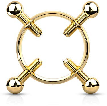 Tata Gisèle Faux Piercing Sein Téton en Acier Chirurgical 316L - Anneau Ajustable par Quatre Vis - Diamètre 17,5 mm - (Or Doré)