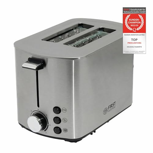 TZS First Austria Toaster | Edelstahl | 2 Scheiben | 850W | 7 Stufen | Warmhaltefunktion | abnehmbarer Brötchenwärmer | Krümelschale