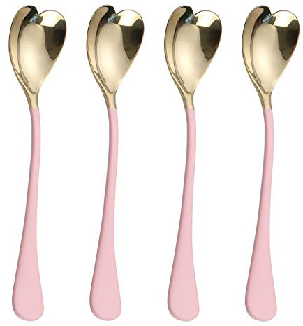 HISSF 4 Pieces Dessert Spoons, 6.7 inches,Pink Heart Shaped, 18/10 Stainless Steel Ice Cream Spoons