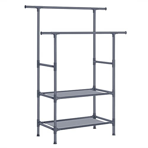 SONGMICS Kleiderständer, Garderobenständer aus Metall, mit 2 Kleiderstangen, 2 Ablagen, bis 70 kg belastbar, einfache Montage, grau RDR002G02