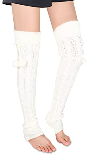 Benefeet Sox Wollstrick-Beinstulpen für Damen, Vintage, Boho, Beinstulpen, lang, Winter, warm, Oberschenkelhoch, fußlos, Stiefelsocken, Geschenke, Weiß Häkeln Mit Pom Pom, Medium