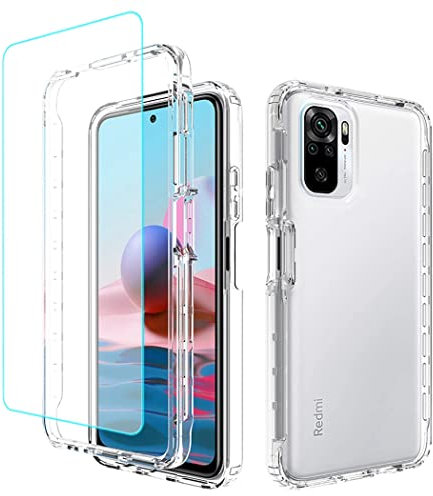 Jhxtech Para Redmi Note 10 (4G)Redmi Note 10S M2101K7BG Funda con protector de pantalla de vidrio templado, carcasa de policarbonato duro transparente de cuerpo completo Carcasa de TPU para Xiaomi