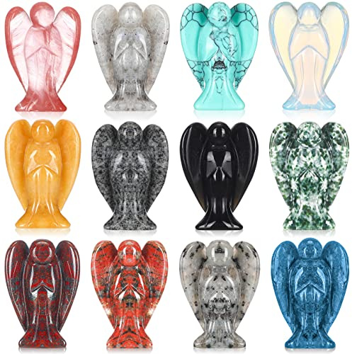 Nuenen 12 Pieces Crystal Angel Figurines Bulk Guardian 1.5 Inch Angel Statue Stones Gemstones Crystals Carved Stones for Easter Decor Gifts Home Witchcraft Supplies(Classic Color)