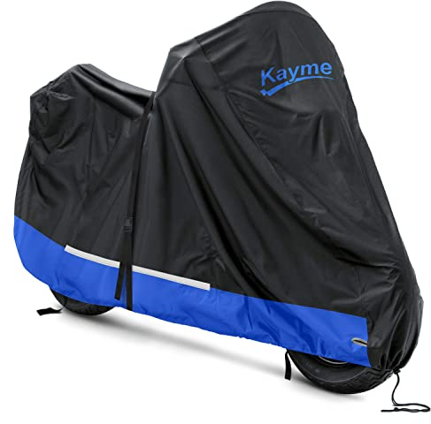 Kayme 300D Motorradabdeckung Wasserdicht Outdoor, Alle Saison Regenfest Staubdicht Motorrad Schutzplane mit Lock Hole, Motorradplane Fit Straße, Sport, Reiseenduro, Cruiser Motor, etc. Länge 246 cm.