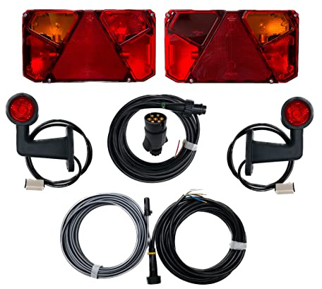 MelTruck Anhängerbeleuchtung Set 12V/24V - 3 Varianten - Rückleuchten + LED Umrissleuchten, optional Kennzeichenbeleuchtung - Bajonett-Anschluss E20 Zulassung (Kabel 5,6m)