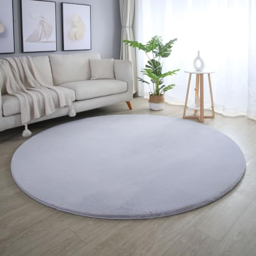 HomebyHome Hochflor Teppich Rund 200 cm Silber Shaggy Modern Flauschig Weich Fellteppich Kunstfell Einfarbig für Wohnzimmer Schlafzimmer Esszimmer