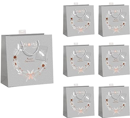 Geschenktüten Weihnachten Klein, 6 Stück | Hochwertig beschichtet & mit Beschriftungskarte | Sehr Stabil, Verstärkter Boden & Rand | FSC® Karton 210 g/m² | 15x15x6cm