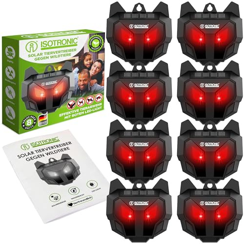 ISOTRONIC Solar Tiervertreiber zur Abwehr von Waschbären, Rehen, Füchsen & Wildschweinen – Wildtier Vertreiber mit rotem LED-Licht – effektive Tierabwehr mit 40m² Wirkungsbereich (8 Stück)