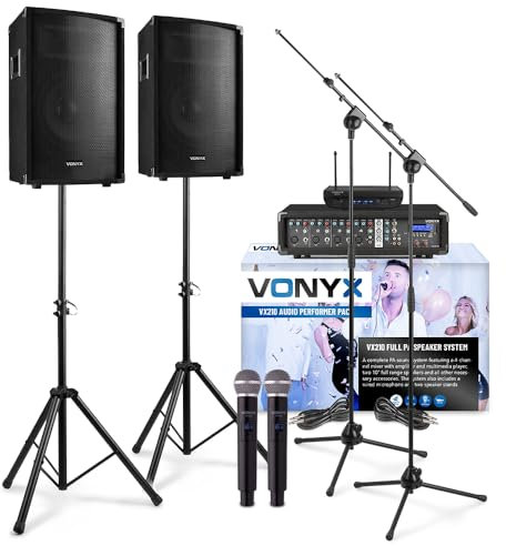 VONYX VX210 Audio Performer Pack - Complete PA System with Mixer Amplifier, Bluetooth, Wireless Handheld Microphones, Speaker and Mic Stands for Band, DJ, Karaoke, Events and Live Singing