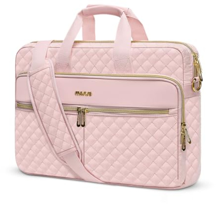 MOSISO Laptoptasche Damen 16 Zoll, 15,6-16 Zoll Puffy Laptop Schultertasche | Kompatibel mit MacBook Air 15/Pro 16, HP Dell ASUS Lenovo, Quadratisch Laptop Umhängetasche mit 3 Taschen&Riemen, Rosa