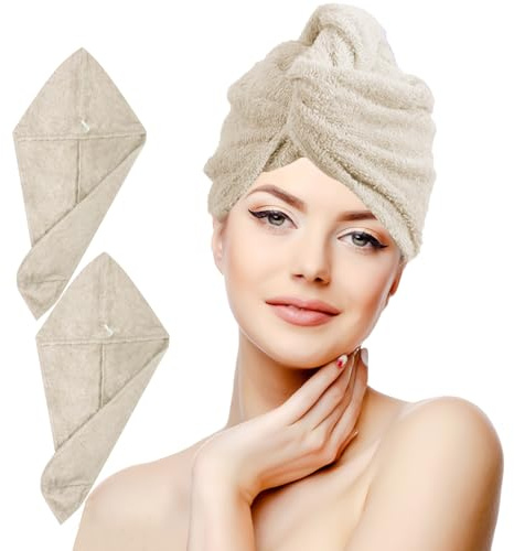 runico Haarhandtücher Turban - 100% Baumwolle, Made in Italy, 2er Pack, weich und bequem, beige