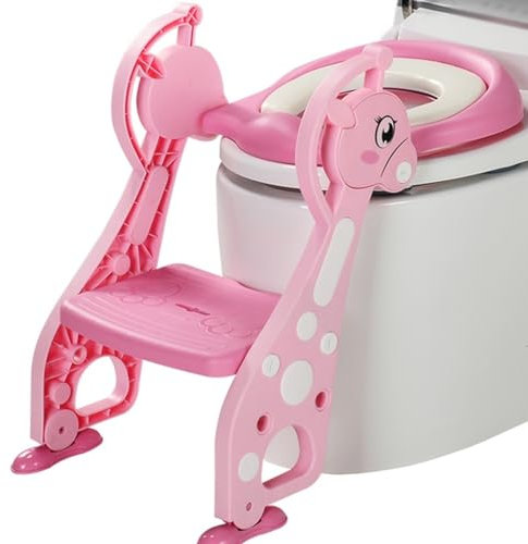 Toiletten Trainer Topfchentrainer Mit Treppe Süße Giraffe Toilettensitz Mit Treppe Mit Spritzschutz, Verstellbare Faltung Töpfchentrainer Für Jungen Und Mädchen, Belastbarkeit 75kg (Color : Rosa, S