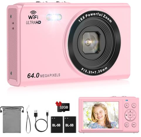 Appareil photo numérique LAMA 4K FHD 64 MP pour enfants avec carte SD de 32 Go, zoom numérique 16x avec 2 piles, mini caméra à écran LCD de 2,8 pour enfants, garçons, filles, adolescents - Rose