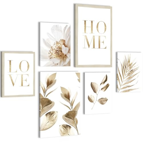 Novart Wandbilder Set Boho Gold Blätter Home - KEIN EXTRA RAHMEN BENÖTIGT - Modern Deko - Wohnzimmer Schlafzimmer N021567a