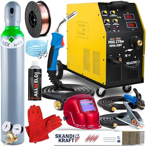 Magnum MIG 278W MMA - Soldador Inverter Profesional 280A 400 V - Soldadura: MIG/MAG, Flux, MMA - Regulación de Inductividad - Alimentador de Alambre de 4 Rodillos y Chasis Rodante - Set ProPlus