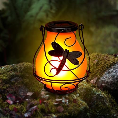 Solar Lanterns, Outdoor Hanging Solar Vintage Metal Dragonfly Lantern, Landscape Light with LED Flickering Flameless Candles, Kerosene Lights for Garden Path Festive Decoration (1PC - Dragonfly)