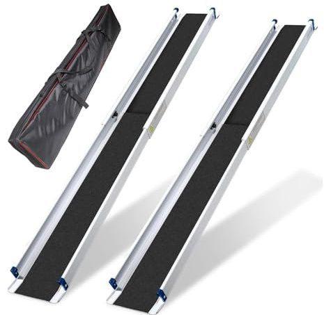 NIKSHI 2X Teleskop Rollstuhlrampe, Aluminium Auffahrrampe rutschfeste, Verstellbare Tragbare Teleskoprampe bis 300 kg, Treppenrampe für Rollstuhl,Teleskoprampe mit Textiltasche,120CM