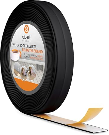 Quest Plinthe Souple Adhésive - 10 mm x 10 mm - 5 mètres - Moulure de finition pour cuisine salle de bain - Ruban d'étanchéité PVC - Flexible Etanche (Noir, 5 mètres)