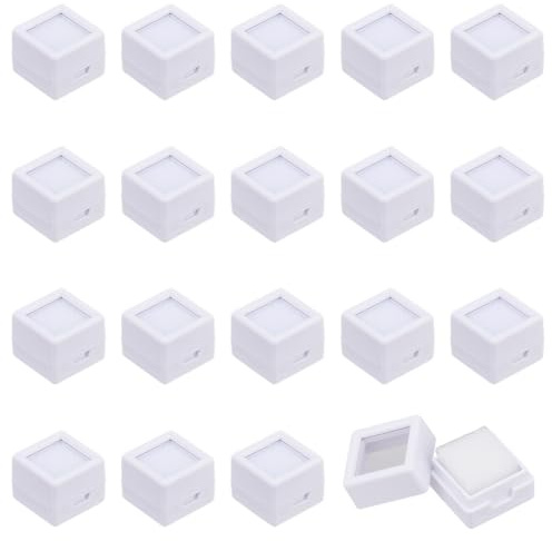DICOSMETIC 20 Stück Mini Edelstein Display Box 2.05x2x1.6cm Acryl Diamant Fall weiß Schmuck Container mit klaren Top-Deckel und Schwamm für Edelsteine, Diamanten, Geschenk-Verpackung