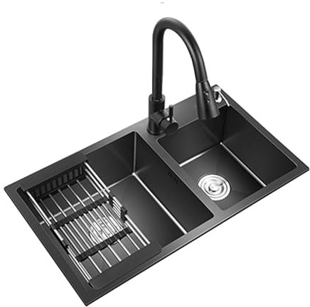 Spülbecken Schwarz Spüle Edelstahl Eckig Doppelspülbecken, Küchenspüle Einbauspüle Mit Seifenspender, Küche Doppel Waschbecken Mit 2 HahnLöcher (Durchmesser 35mm)