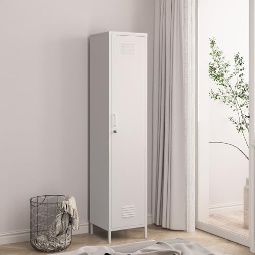 [en.casa] Armoire Métallique Vestiaire Casier avec Fentes d'Aération Barre de Penderie Meuble de Rangement Style Industriel pour Chambre Bureau Atelier Acier 180 x 38 x 38 cm Blanc