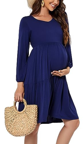 Smallsho Robe Grossesse Manches Longues Femmes Robe Maternité Navy L
