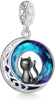 GNOCE Pendentif Charm Chat noir sur lune S925 Sterling Fit Bracelet/Collier Bijoux Cadeau pour Femmes Filles Filles, 5, Argent, Zircone cubique