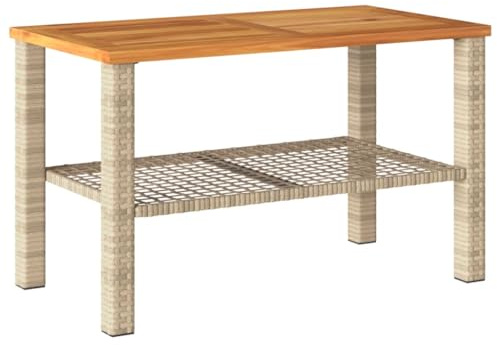 Makastle Polyrattan Beistelltisch mit Holz Tischplatte, Kleiner Couchtish & Kaffeetisch mit, Wetterfest Outdoor Garten Terrasse Balkon Tisch, Beige 70x38x42 cm