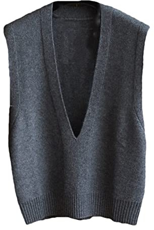 SGeneE Cashmere V-Neck Sweater Vest Ladies Sleeveless Pullover Sweater Solid Color Knitted Vest (Gray L)