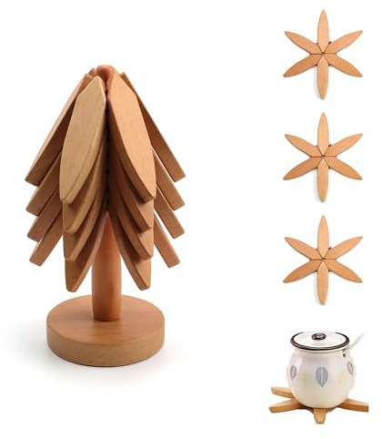 YFaith Salvamanteles Ollas Calientes, 4 Piezas Salvamanteles de Madera, Forma de Árbol Creativo Salvamanteles, Encogimiento Automático, con Base de Almacenamiento, para Platos, Tazas, Ollas