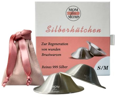 Mom for Moms Silberhütchen 999er Silber/natürliche Wundheilung der Brustwarzen/für ein angenehmes Stillen und Wochenbett/mehr Platz und Schutz der Brustwarzen/Stillzubehör 2 Stk (S/M)