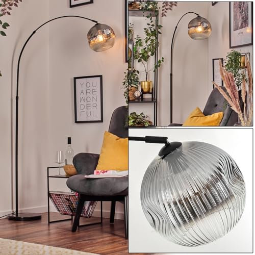 HOFSTEIN Stehleuchte Ripoll, Stehlampe aus Metall/Riffelglas in Schwarz/Rauch/Klar mit Marmorfuß, verstellbare Leuchte im Retro-Design (Schirm Ø 25cm), Fußschalter, E27, Wohnzimmer, Schlafzimmer, Büro