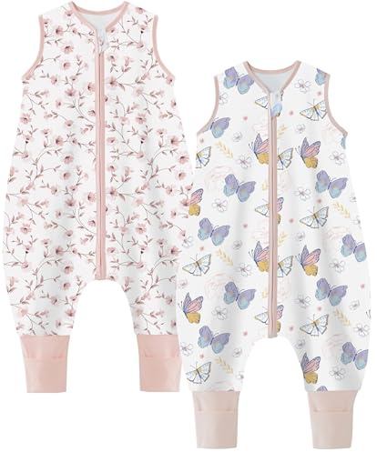 Teechodina Baby Schlafsack mit Füßen 2er Pack 100% Baumwolle 1.5 Tog Kinder Ganzjahres Schlafsack mit Beinen für Jungen Mädchen, 1.5 Tog/Kirschblüte + Schmetterling, 100cm/Baby Höhe 110-120cm