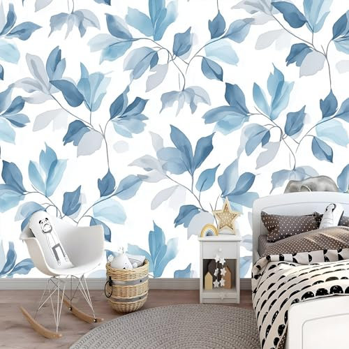 Carta Da Parati Fotografica Murale 200 X 140 Cm Acquerello Piante Foglie Carta Da Parati Effetto 3D Decorazione Murale Poster Da Parete Per Camera Da Letto Sala Per Camera Dei Bambini Blu Grigio