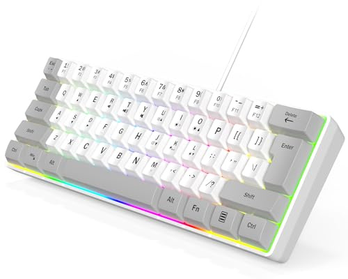 Wired RGB Gaming Membrance Keyboard. 60 Percent Mini Creamy LED Computer Keyboard .Small Ergonomic Clicky Teclado with ABS Backlit Unreplaceable Keycaps. (White Case + Grey Keycaps)