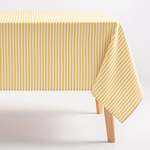 GAMUSI Tischdecke, schmutzabweisend, quadratisch, Baumwollstoff, wasserdicht, gelbe Streifen, 160 x 160 cm