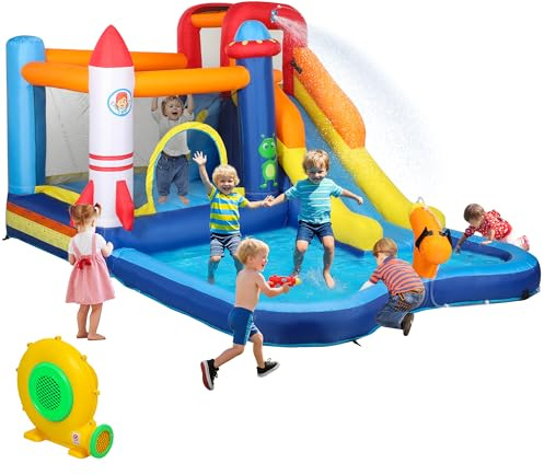 AIYAPLAY Bouncy Castle for Children with Water Slide, Splashing Pool, Water Gun, Jumping Area, 5 in 1 Inflatable Bounce House with 550W High Power Blower, for Outdoor Indoor, 360 x 250 x 195 cm