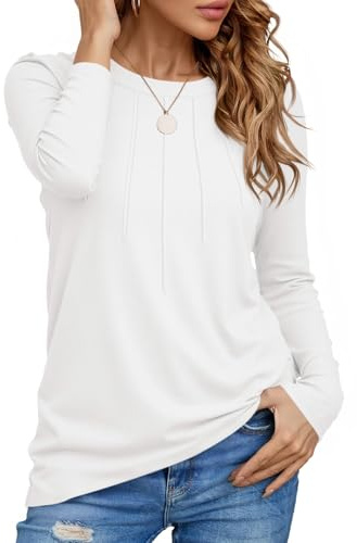 Cicy Bell Långärmad damtröja rund hals basic lång skjorta veckad t-shirt långärmad topp elegant tunika toppar lös skjorta, Vit, L