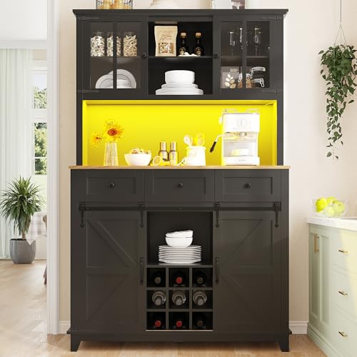 Soweiz Vitrinenschrank, Küchenschrank, Hochschrank Küchenbuffet, Buffetschrank mit Verstellbaren Ablagen, Sideboard mit LED-Beleuchtung,Variable Lichtfarben, 105×38.4×180cm (Schwarz)