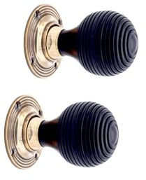 Infinity Decor Pair of Traditional Style Ebony Wood Beehive Reeded Rim Door Knobs Set 55mm Aged Brass Rose – Pull Handles for Interior & Exterior Use