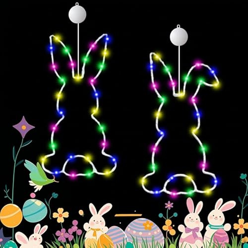 2 Stück Osterdeko Led Fenster Licht, Osterdeko Outdoor Ostern Deko Osterdeko Innen Fenster LED Lichterkette Osternhasen Fensterlichter mit Saugnapf und Timer Batteriebetrie.